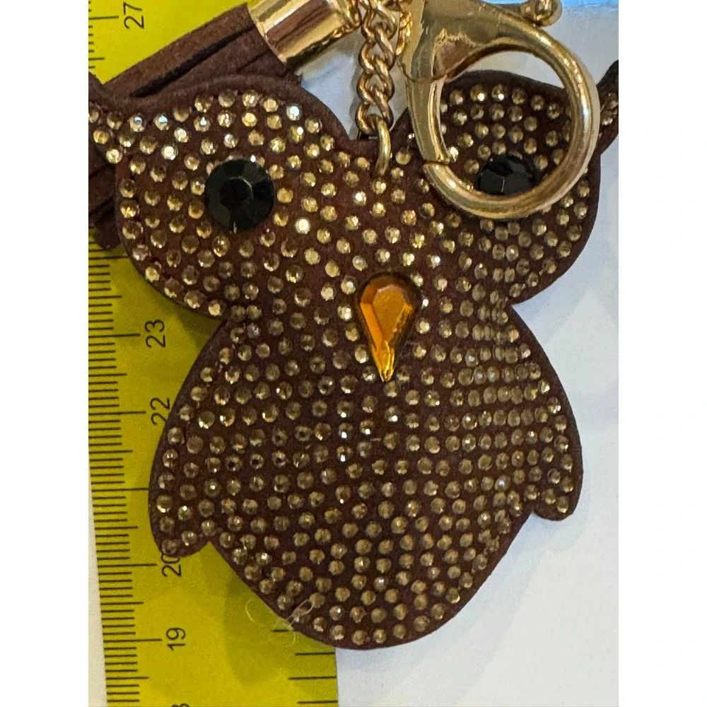Brown Rhinestone Owl Keychain Gold Tassel Bag Charm Lobster Clasp Accessory